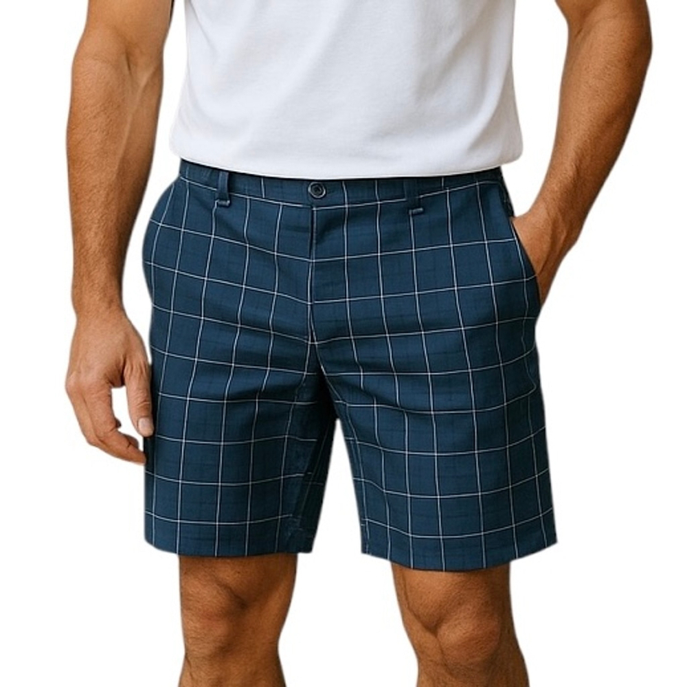 Haggar Golf Shorts Navy Plaid Flat Front Size 38